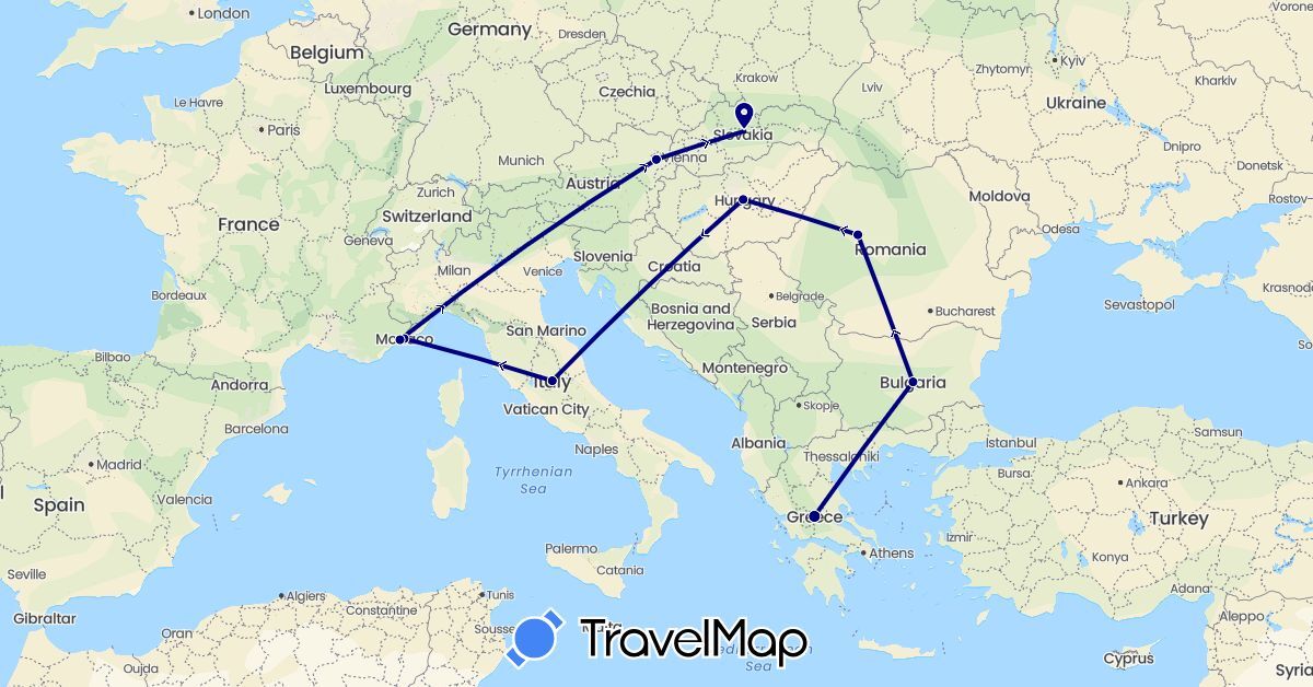 TravelMap itinerary: driving in Austria, Bulgaria, France, Greece, Hungary, Italy, Monaco, Romania, Slovakia (Europe)